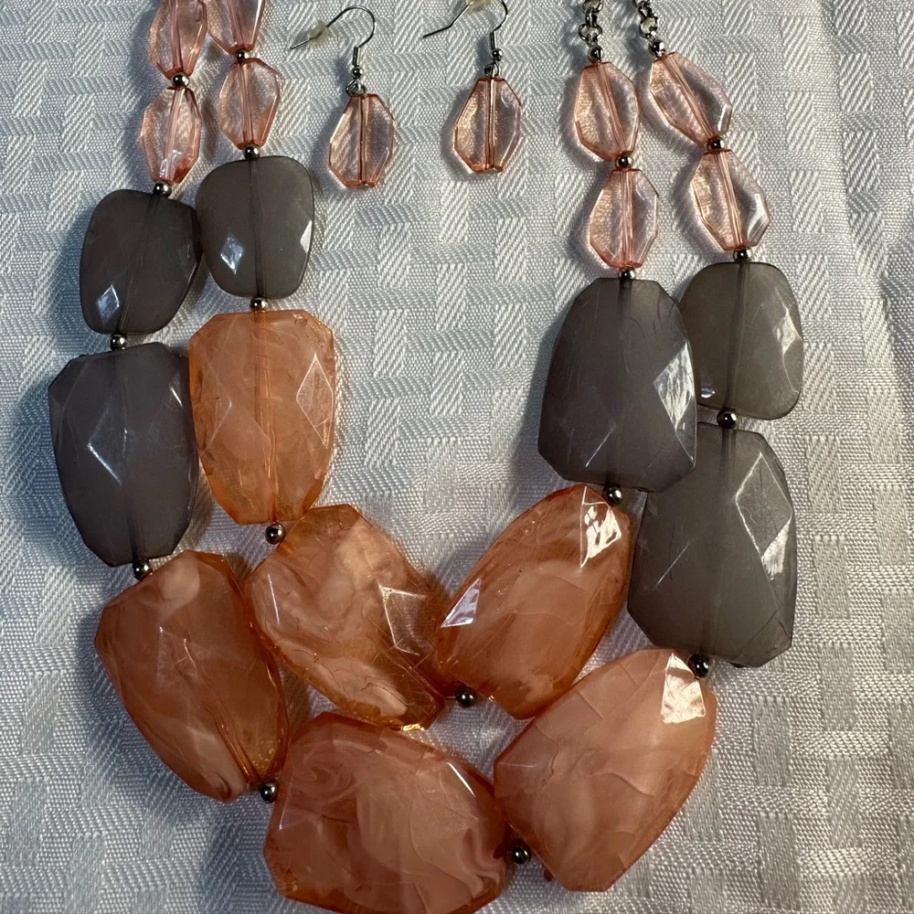 Pink & Grey Double Strand Stone Necklace Set - Picture 5 of 5